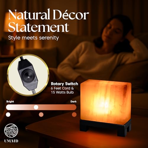 UMAID Himalayan Salt Lamp Rectangle, Natural Pink Rock Salt Lamp on Modern Wood Base with Night Light Bulb and Dimmable Cord, Spa Decor, Salt Massage Stones Ambiance, Meditation Accessories Decor Gift - style: Modern Rectangle