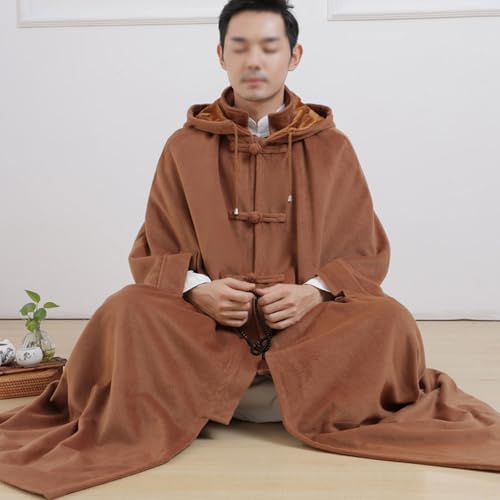 Meditation Prayer Hooded Cloak Long Button Down Unisex Cape Double Layer Warm Medieval Coat Poncho - color: Brown, size: Large