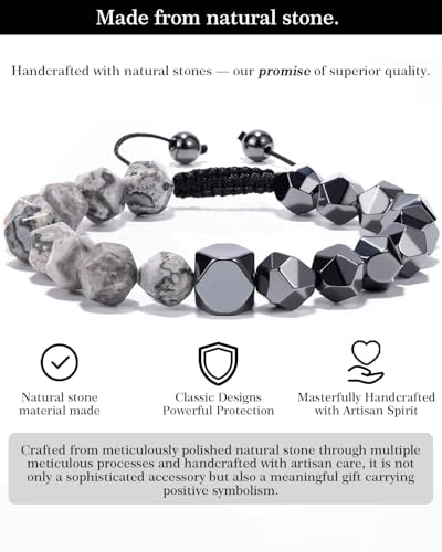 Beaded Bracelet for Men, 10mm Natural Stones Bracelet for Men's Gift, Adjustable Precision-Cut Gemstone Crystal Healing Bracelet, Protection Jewelry Gift with Hematite, Tiger Eye - style: Map Stone & Hematite