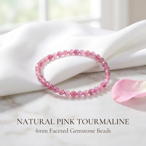 Angelstones Natural Gemstone Small Beaded Stretch Bracelet, 4mm Faceted Round Beads, Crystal Healing Bracelet for Women - color: Pink Tourmaline