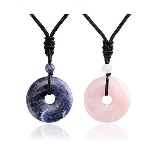 Jovivi 30mm Circle Donut Healing Crystals Necklace Natural Semi-Precious Chakra Gemstone Stone Amulet Lucky Coin Donuts Charm Protection Quartz Reiki Pendant Necklace for Men Women Adjustable Rope - color: 2pcs(Rose Quartz+Sodalite)
