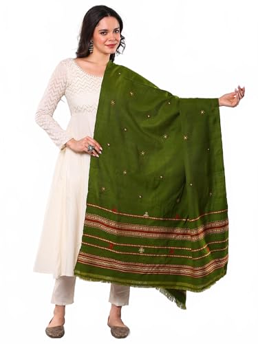 Exotic India Shawl from Kutch with Embroidered Mirrors - Pure Wool - color: Cedar Green