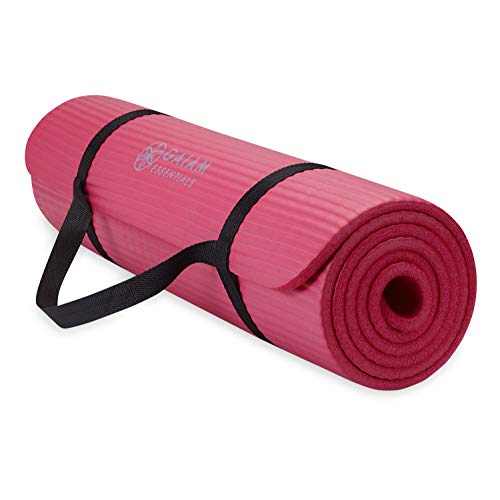 Gaiam Essentials 2/5" Thick (10mm) Yoga & Pilates, Fitness & Exercise Mat with Easy-Cinch Carrier Strap Cusion Support For Fitness and Gym Workouts - color: Pink