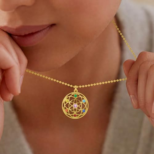 Flower of Life Necklace: 18K Gold Plated Sacred Geometry Buddhist Chakra Mandala with Diamond Pendant Necklaces Yoga Spiritual Amulet Jewelry Meditation Gift for Women Men - color: gold