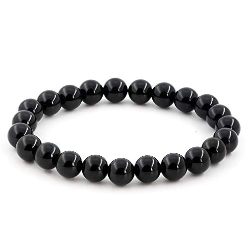 Natural Gemstones Bracelet 8mm Chakra Round Beads Energy Power Crystal Reiki Healing Elastic Stretch 7 Inch for Women Men Unisex - color: Black Agate