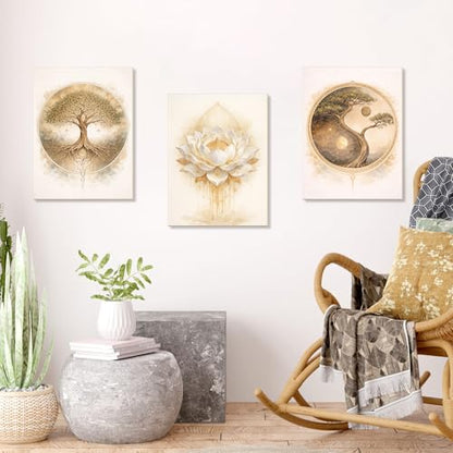 Bnesi 3-Piece Zen Wall Art Set Tree of Life & Lotus Flower Wall Art Large Wall Art for Living Room Tree Art & Tree of Life Wall Art Ideal Artwork for Walls Stylish Wall Decor Art (Classic)