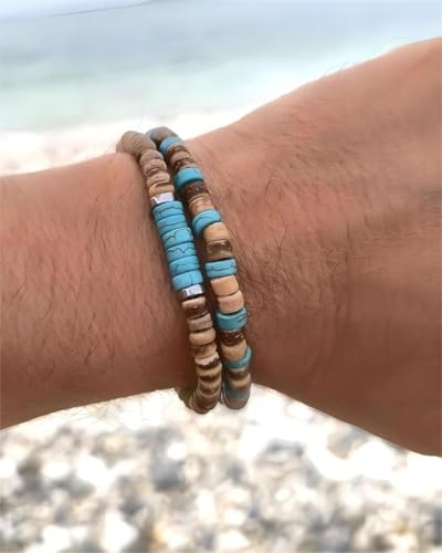 Puka Shell Bracelet for Men Wooden Bracelets Turquoise Stack Beaded Minimalist Trendy Jewelry for Friend Gift - style: 2pcs-Brown Blue