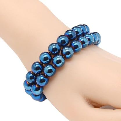Justinstones Gem Semi Precious Gemstone 10mm Round Beads Stretch Bracelet 7 Inch Unisex - color: Metallic Blue Coated Hematite