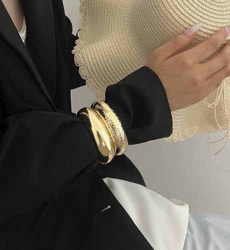 Chunky Gold Bangle Bracelets for Women, Dainty 14k Gold Plated Big Stackable Bangles Set, Trendy Statement Cuff Bracelet Stack Fashion Jewelry Gifts - style: 2 Chunky bangles