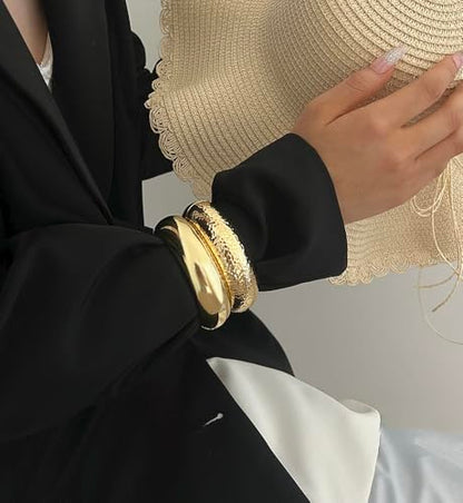 Chunky Gold Bangle Bracelets for Women, Dainty 14k Gold Plated Big Stackable Bangles Set, Trendy Statement Cuff Bracelet Stack Fashion Jewelry Gifts - style: 2 Chunky bangles