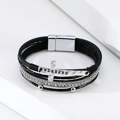 Fesciory Leopard Bracelet for Women, Boho Leather Wrap Multi-Layer Pearl Crystal Bracelet Bangle Jewelry - style: Blessed Cross(Black)