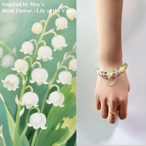 Birth Flower Crystal Bracelets for Women, Handmade Natural Gemstone Stretch Jewelry with Healing & Positive Energy - color: May. LIly of the Valley & Quartz