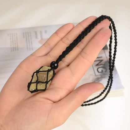 Natural unprocessed crystal raw stone hand woven rope adjustable necklace pendant for both men and women - color: A-Citrine