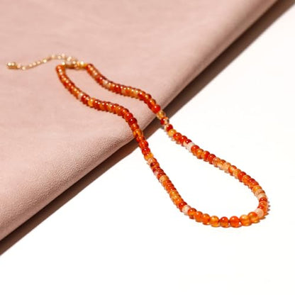 Simple Choker Necklace for Women Real Stone and Crystals Necklaces 4mm Beaded Choker Jewelry Meditation Gift for Women (16"+2") - style: Orange Agate