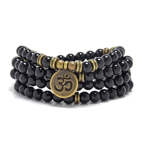 108 Mala Beads Bracelet with om Charm – Healing Stone Meditation Bracelet for Yoga & Prayer, 6mm Beads, Handmade, Gold-Plated OM Charm - style: Black Agate