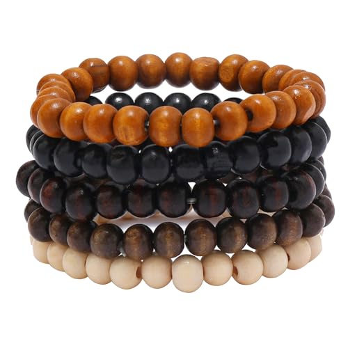 Wooden Beaded Bracelet 8mm Multi-Layered Stretch Bracelet for Men and Women Elastic Bracelet 5pcs
