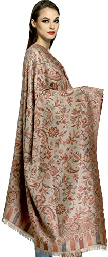 Exotic India Women Reversible Jamawar Wool Shawl with Woven Flowers | Ethnic Beautiful Floral Weave Stole, Dupatta - color: Warm Sand