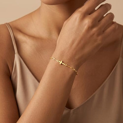 3mm Diamond Classic Tennis Bracelet for Women Dainty, Gold Jesus Cross Bracelets Trendy, 14K Gold Plated Heart/Evil Eye/Pearl/Starfish & Seashell Charm Bracelets for Women Bulk - style: CrossPaperclip-Gold