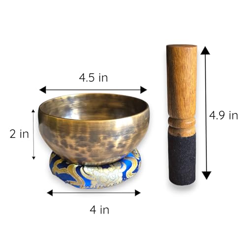 4.5 inch Handmade Tiger Antic Singing Bowl Set - Includes Wooden Mallet, Cushion & Gift Case - Handmade Sound Healing Bowl Set for Yoga, Mindfulness & Spring Meditation - Made in Nepal