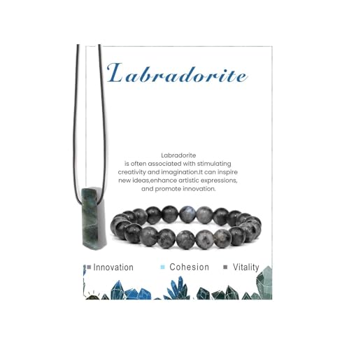 Pingyongchang Stress Relief Anxiety Yoga Bracelets Necklace Set,Healing Crystal Stone Mantra Bracelets for Women Natural Crystal Stone birthday Gifts For Teen Girls Black Leather Necklace for Men - color: Labradorite
