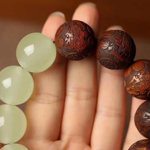 Pear Wood Buddha Beads Mala Bracelet Hand Carved Wooden Beads with Luminous Jade Lucky Charms Wealth Attracting Buddhist Prayer Bracelet for Men and Women Healing Energy Running Ring