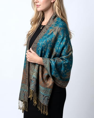 Achillea Reversible Paisley Pashmina Rave Scarf – Exotic Indian Shawls and Wraps for Evening Dresses, Festivals, All Seasons - color: Teal