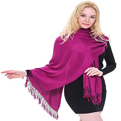 CJ Apparel Solid Color Tassels Design Nepalese Shawl Scarf Wrap Stole Throw Head Wrap Pashmina Gift Hand Made in Nepal New - color: Fuchsia Purple