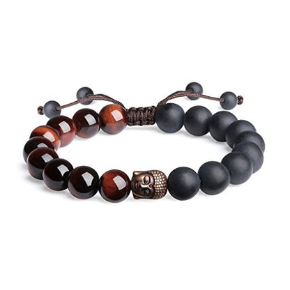 COAI Mens Womens Stone Buddha Head Prayer Bracelet - style: Red Tiger Eye & Onyx
