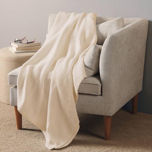 Cuddledown Chamberlain Blanket | Made in USA | 100% American-Grown Cotton | All Season Comfort | 66" x 90" | Twin | Ivory - color: Ivory, size: Twin