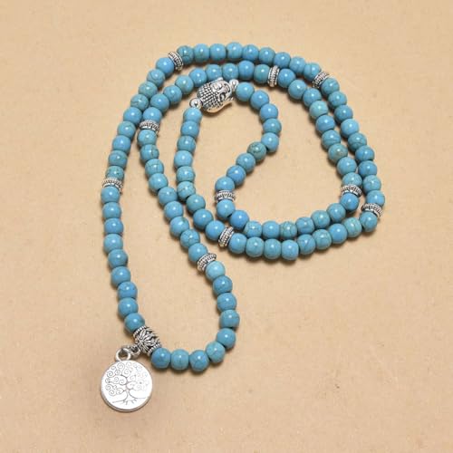 Tree of Life Charm Bracelet or Necklace - 108 Buddha Beads, Handmade Mala Meditation Jewelry, Prayer Beads for Yoga - style: Green Turquoise