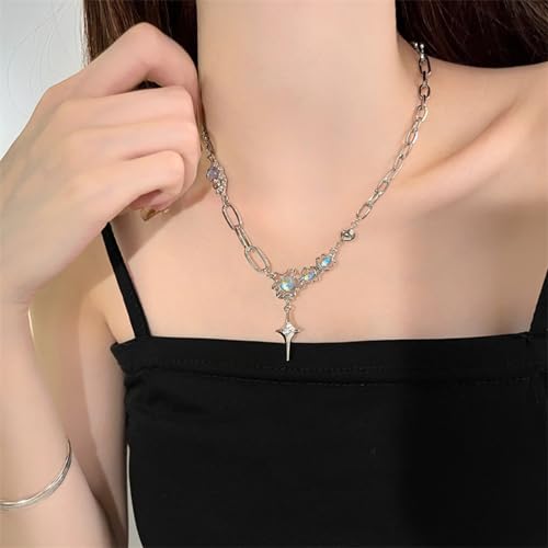 Y2k Irregular Necklace Star Pendant Moonlight Stone Fashion Collar Chain Design Spicy Silver Jewelry for Women - color: Style2