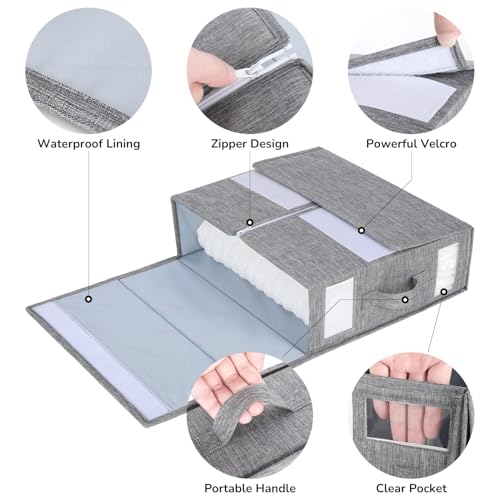 Bed Sheet Organizer 2 Pack – Foldable Linen Closet Storage for Full or Twin Size Sheets, Duvet Covers & Pillowcases, Fabric Container with Zipper & Handles, Grey