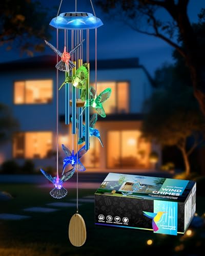 Hummingbird Solar Wind Chimes, Memorial Gifts for Mom, Glowing Top Color Changing Hummingbirds Moblie LED Wind Chime for Outside, Outdoor Home Party Garden Decor Light(Blue) - size: Blue Hummingbird