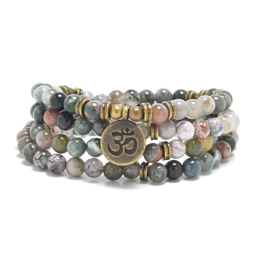 108 Mala Beads Bracelet with om Charm – Healing Stone Meditation Bracelet for Yoga & Prayer, 6mm Beads, Handmade, Gold-Plated OM Charm - style: Indian Agate