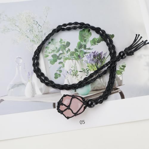 Natural unprocessed crystal raw stone hand woven rope adjustable necklace pendant for both men and women - color: A-Rose Quartz