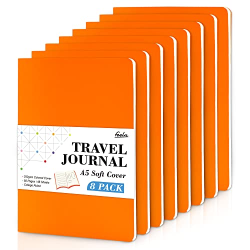 feela 8 Pack Soft Cover Journal Bulk, Notebooks College Ruled for Work, Lined Travel Journal for Women Men, Note Taking Notebook School Supplies Business Writing, 8.2” x 5.5”, A5, Orange - color: 8 Orange