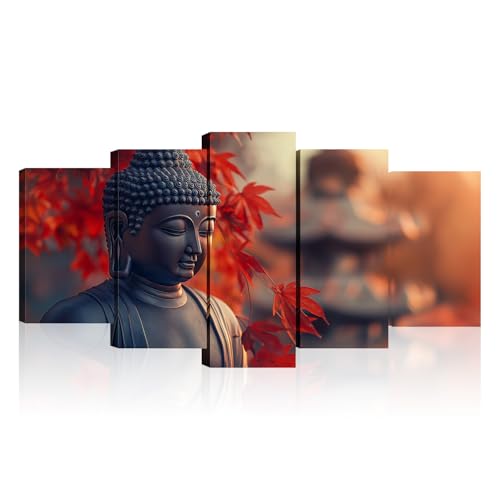 Buddha Canvas Wall Art 5 Piece Zen Wall Decor Buddhism Meditation Picture Red Leaf Prints for Yoga Spa Spiritual Room Bathroom Home Decor Framed(Picture-4,10x16inx2 10x20inx2 10x24inx1) - color: Picture-4, size: 50x24 inch