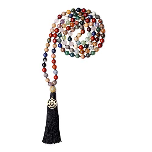 COAI Hand Knotted Tassel 108 Mala Beads Stone Beaded Necklace for Yoga Meditation - style: Multi-Color Stone