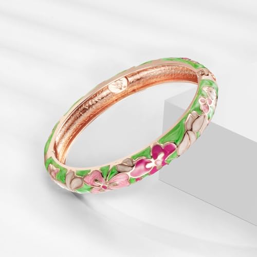 UJOY Classic Cloisonne Bracelets Enamel Jewelry Plated Bamboo Flower Cuff Metal Bangle for Women Gift Box - color: A100-Flower-Green and Pink