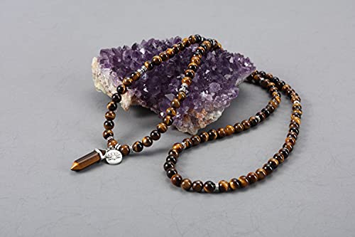 Jovivi 108 Mala Beads Bracelet 8mm Natural Amethyst Rose Quartz Healing Crystal Stone Mala Prayer Bead Necklace Hexagonal Prism Gemstone Reiki Pointed Pendant for Yoga Meditation Energy Balancing - color: Tiger Eye Crystal