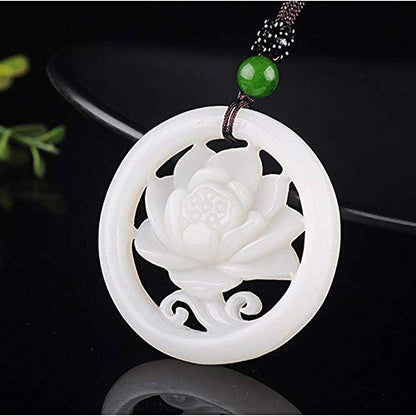 Meditation Necklace, White Jade Pendant Hollow Flower Necklace Jewellery Luck Amulet