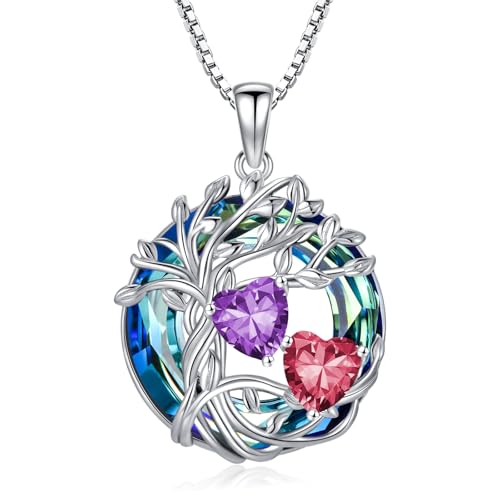 TOUPOP s925 Sterling Silver Family Celtic Tree of Life Pendant Necklaces with 2 Heart Birthstone with Blue Austrian Crystal Jewelry Birthday Valentines Day Gifts for Her, Anniversary Christmas Gifts for Wife Girlfriend Mom (18K Real White Gold Filled) - c