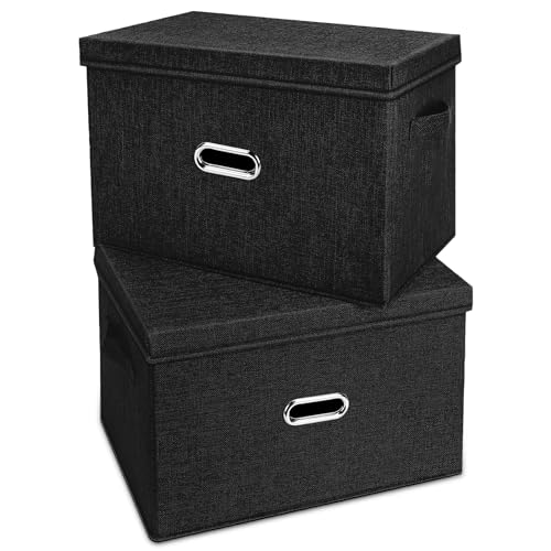 Large Linen Fabric Foldable Storage Bins with Removable Lid and Handles, Washable Storage Box Organizer Containers Baskets Cube with Cover for Bedroom,Office(Black, Small(2-Pack)) - color: Black, size: Small(2-Pack)