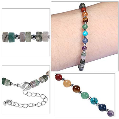 TUMBEELLUWA 7 Chakra Crystal Stone Beads Bracelet for Women Adjustable Flat Beaded Link Bangle for Healing