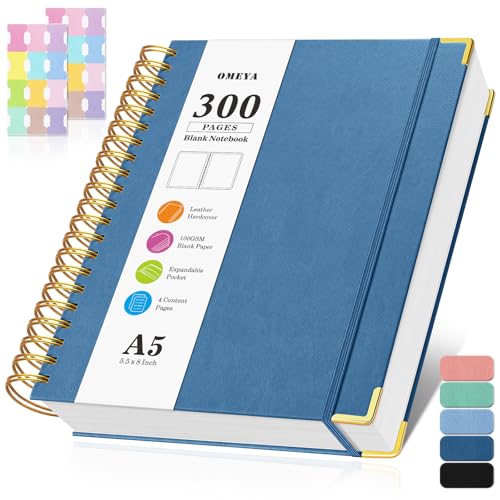Blank Spiral Notebook: Leather Sketch Book, 300 Pages Hardcover Unlined Notebook for Women Men,100GSM Thick No Bleed Paper Journal, A5 Small Art Sketchbook for Drawing Writing, 5.5" x 8", Dark Blue - color: Dark Blue, size: A5