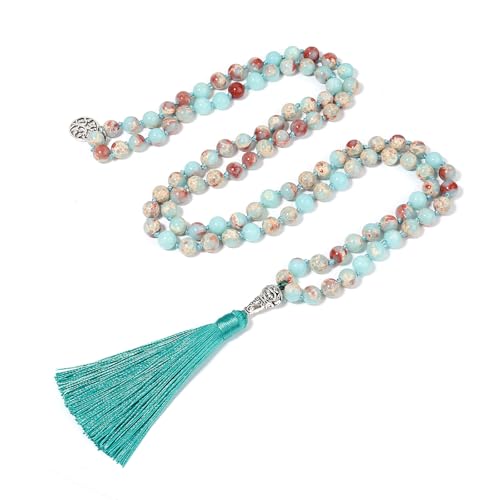 108 Mala Beads Necklace Semi-Precious Gem Stones Meditation Necklace 108 Hand Knotted Japa Mala Beaded Tassel Necklace with Tree of Life Pendant - color: Shoushan Stone