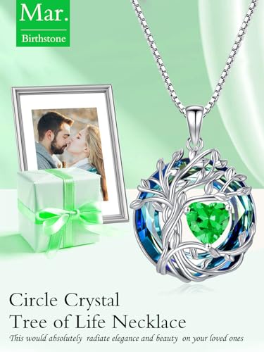 TOUPOP Tree of Life Birthstone Necklace Sterling Silver Pendant Birthstone Necklaces with Blue Crystal Anniversary Birthday Jewelry for Women Mom Wife Her