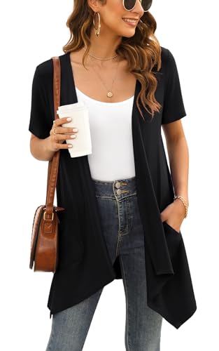 Veryoung Floral Short Sleeve Cardigans for Women Casual Drape Open Front Lightweight Summer Cardigan with Pocket High Low Hem - color: A01-black, size: Small