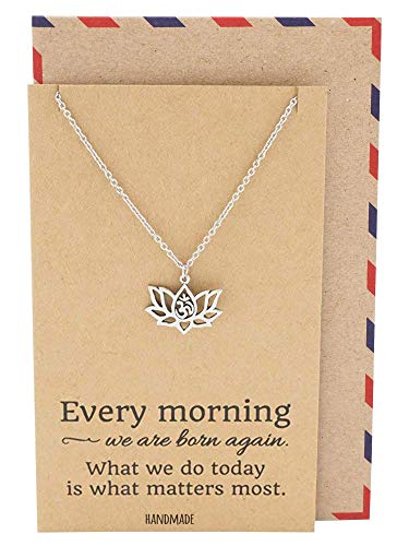 quan jewelry Yoga Lotus Flower Pendant Necklace with Om Symbol, Happy Birthday Gifts Ideas for Mom, Daughter, Women with Inspirational Quote on Gift Card - color: Silver-Tone