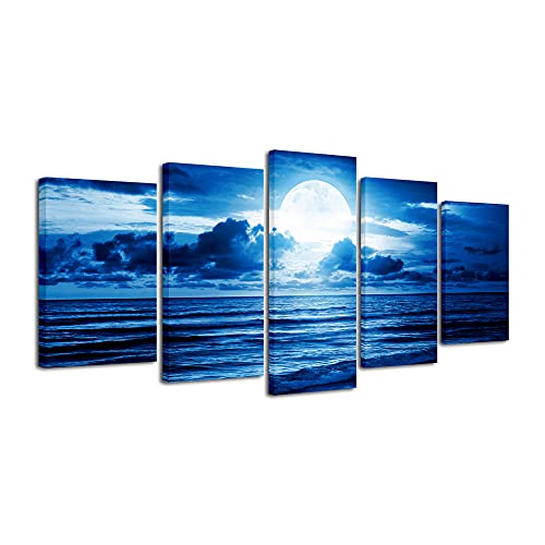 Pyradecor Blue Clouds Canvas Prints Wall Art Moon Sea Beach Pictures Paintings Ready to Hang for Living Room Bedroom Home Decor Modern 5 Piece Stretched Landscape Artwork - size: 10x16inchx2pcs,10x20inchx2pcs,10x24inchx1pc